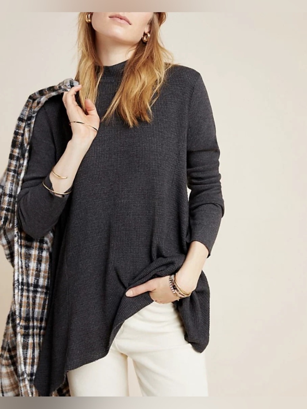 NWT Anthropologie T.La Charcoal Waffle Ribbed Mock Neck Tunic Sweater (XL)